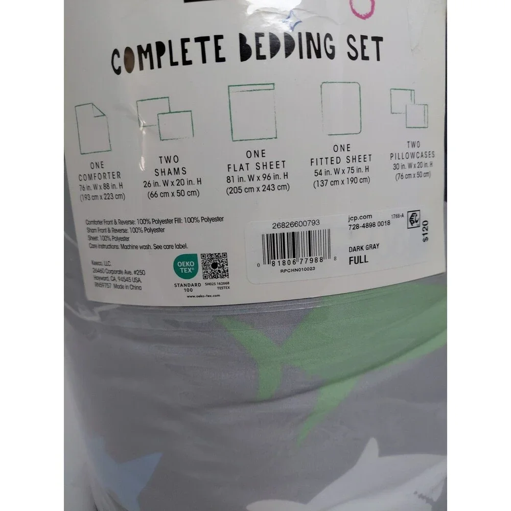 Boys Complete Bedding Set, FULL - comforter, sheet, sham, Shark Week Retails120$
